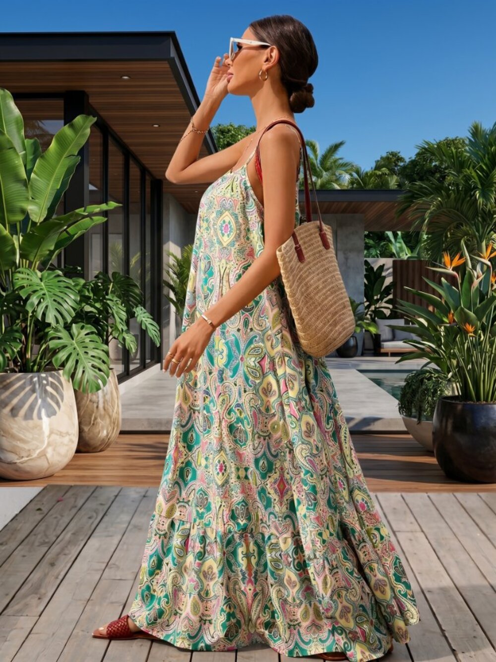 Women's Boho Floral Paisley Maxi Dress Spaghetti Strap Flowy Vacation Resort - Picture 4 of 6